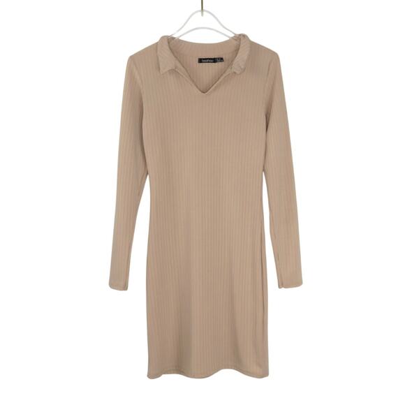 BooHoo Polo Collar Knit Mini Dress Ribbed Tan Long Sleeve Dress Size 6 - Picture 2 of 6